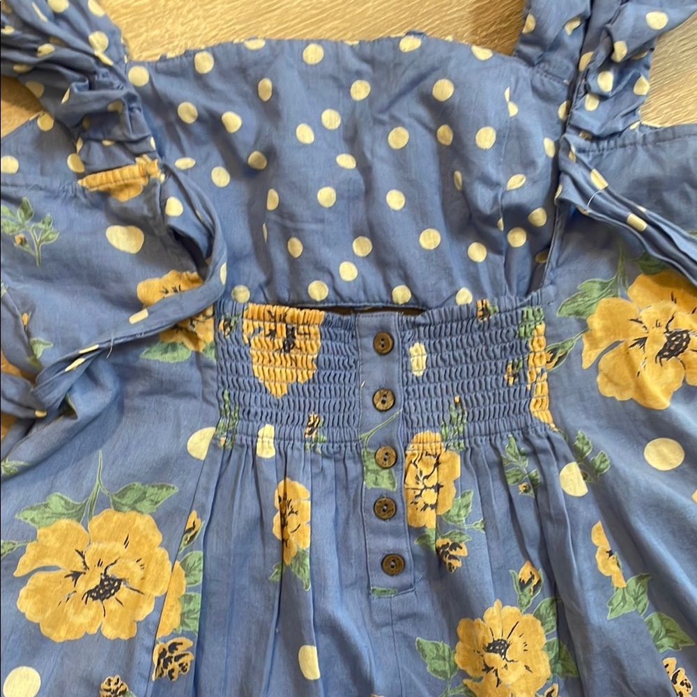 Free People Blue Polka Dot & Yellow Floral Mini Dress size Large - Picture 6 of 6